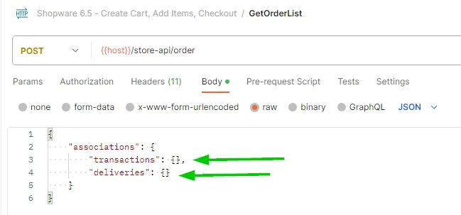 POST/order endpoint with associations for retrieving status.
